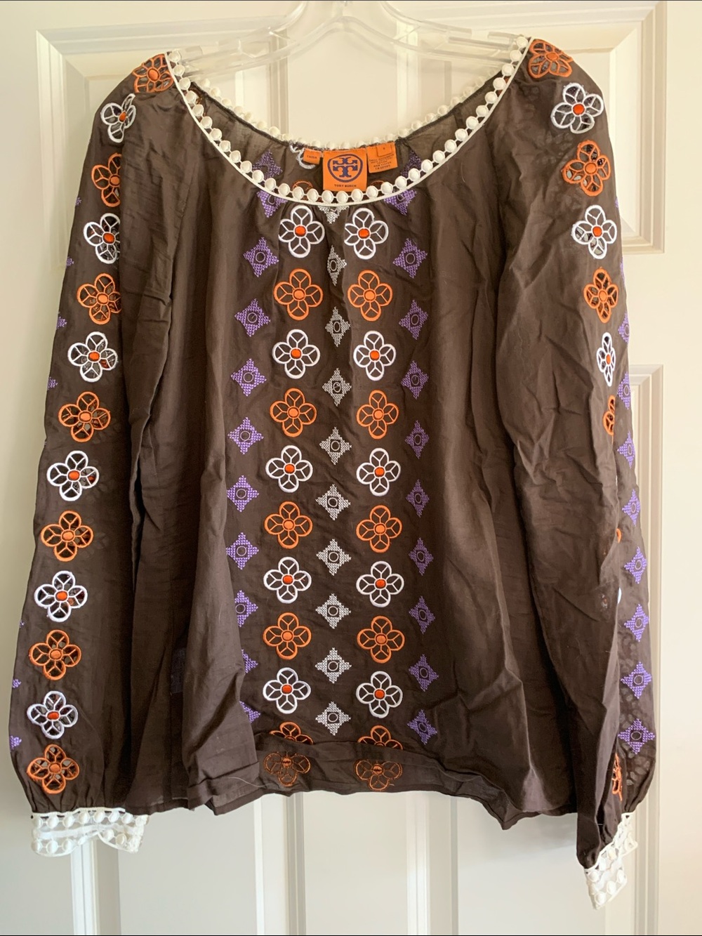 Tory Burch Brown Tunic with Orange & Purple Floral Embroidery